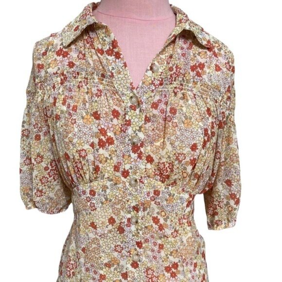 Free People Bonnie Mini Dress in Tea Combo Pale Yellow Floral Size XS NWT - Picture 7 of 14